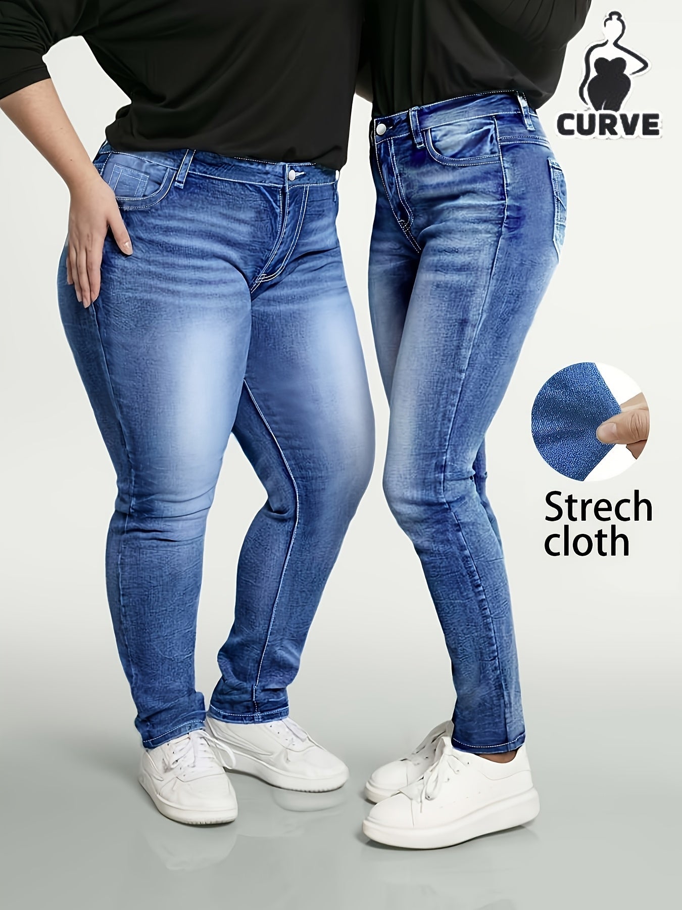 Women's High-Waist Skinny Jeans - Bright Steel Blue Vintage Wash Distressed detail view