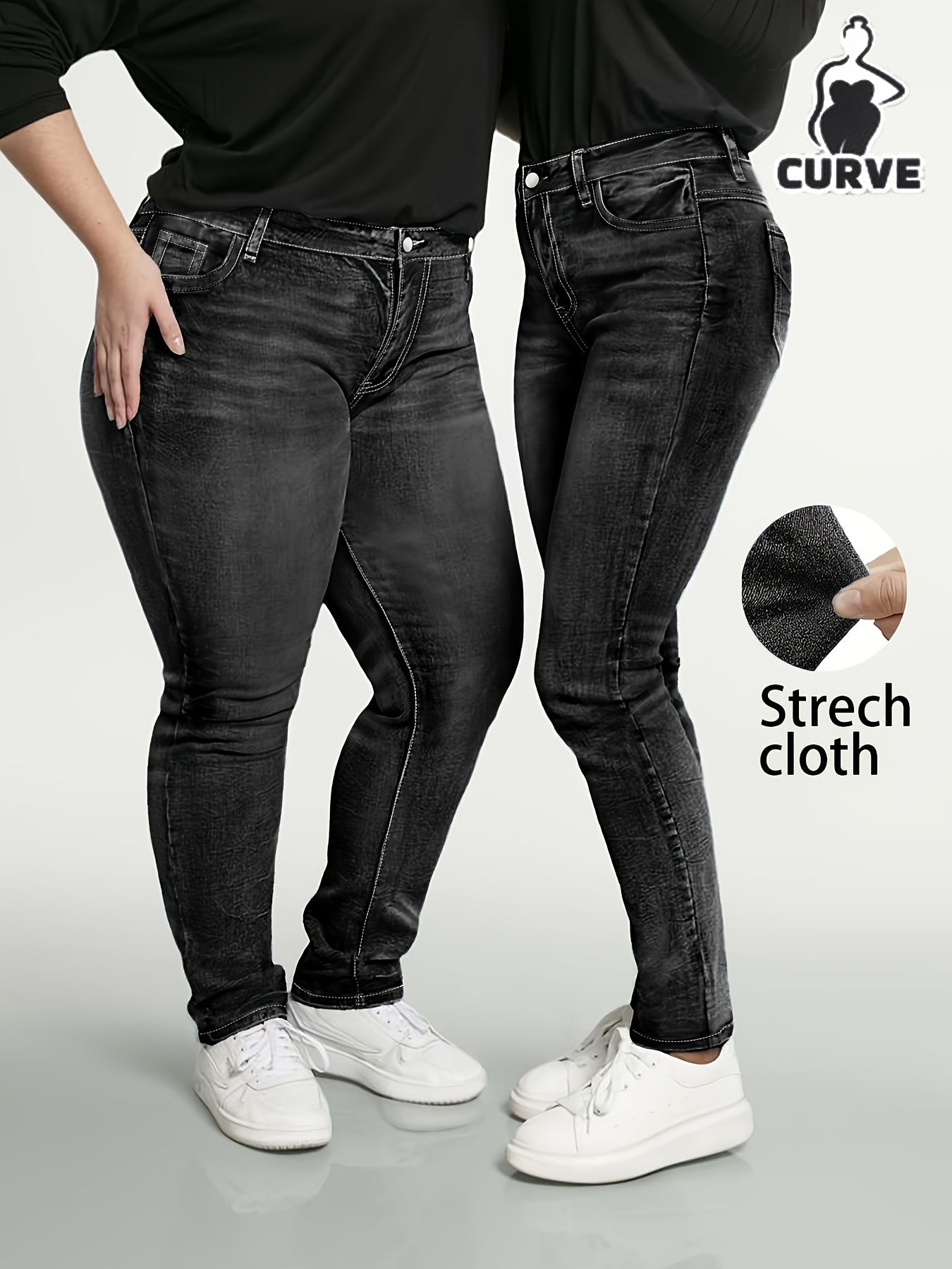 Women's High-Waist Skinny Jeans - Bright Steel Blue Vintage Wash Distressed detail view