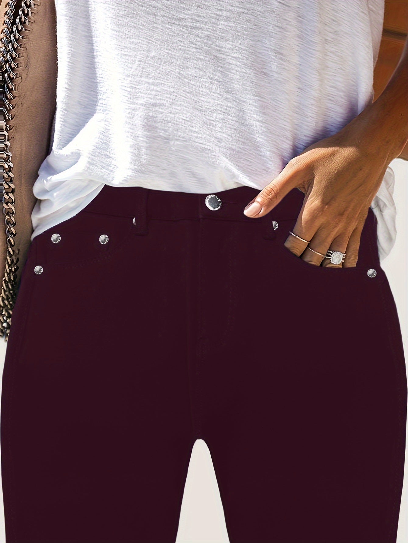 Women's High-Waist Skinny Jeans - Burgundy Pocket Detail – view 3