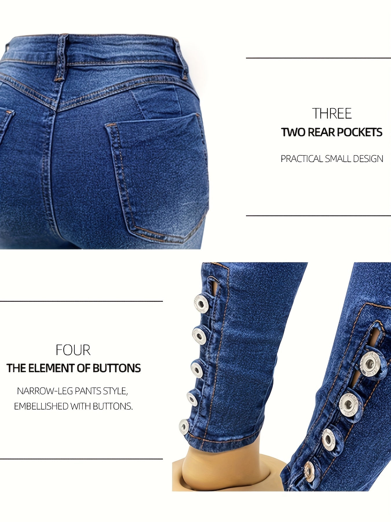 Women's High-Waist Skinny Jeans - Dark Blue Button Detail Stretch detail view