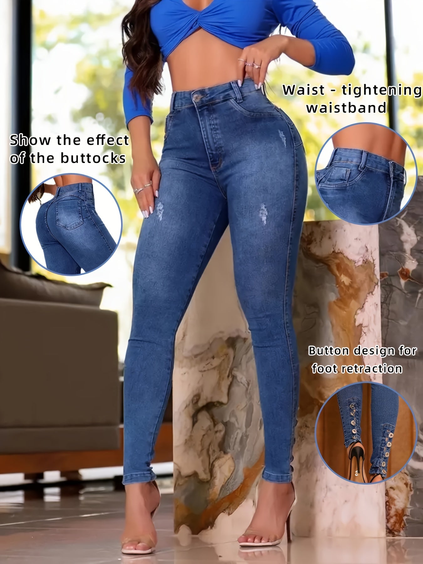 Women's High-Waist Skinny Jeans - Dark Blue Button Detail Stretch detail view