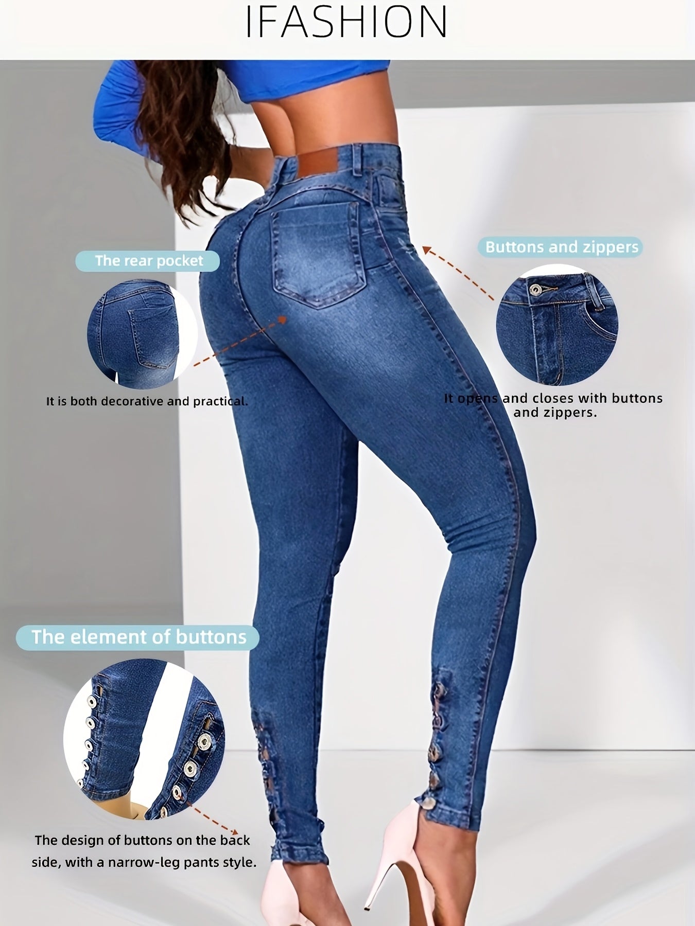 Women's High-Waist Skinny Jeans - Dark Blue Button Detail Stretch detail view