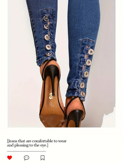 Women's High-Waist Skinny Jeans - Dark Blue Button Detail Stretch detail view
