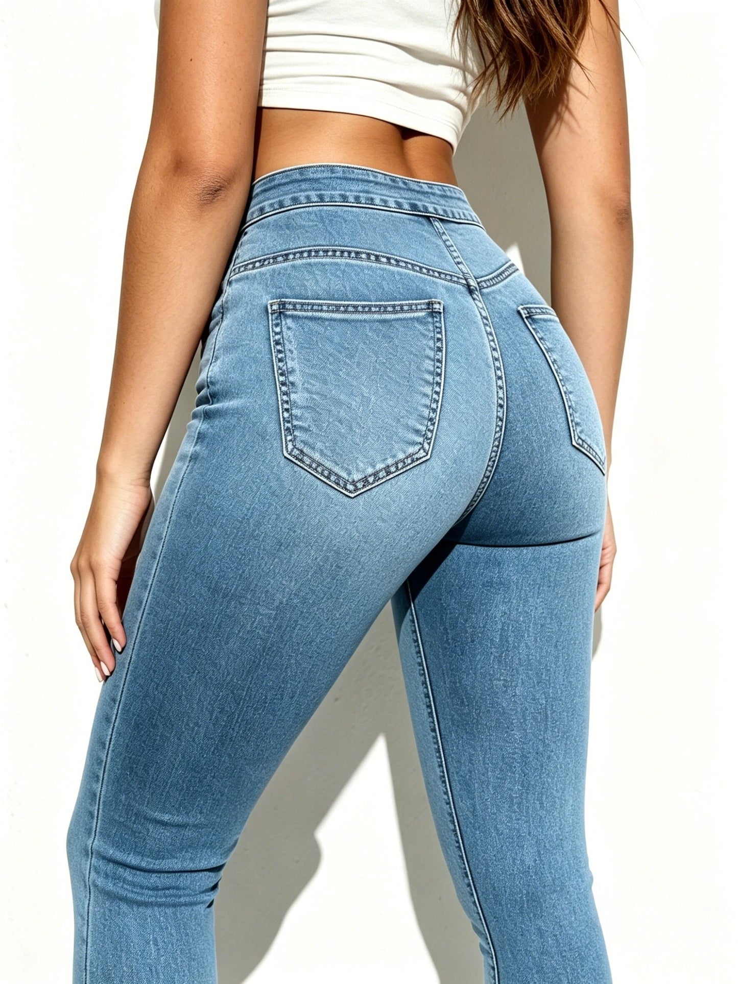 Women's High-Waist Skinny Jeans - Dark Blue Vintage Wash Pocket Detail detail view