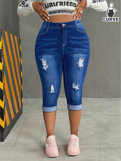 Women's High-Waist Skinny Jeans - Deep Blue Dark Wash Distressed detail view