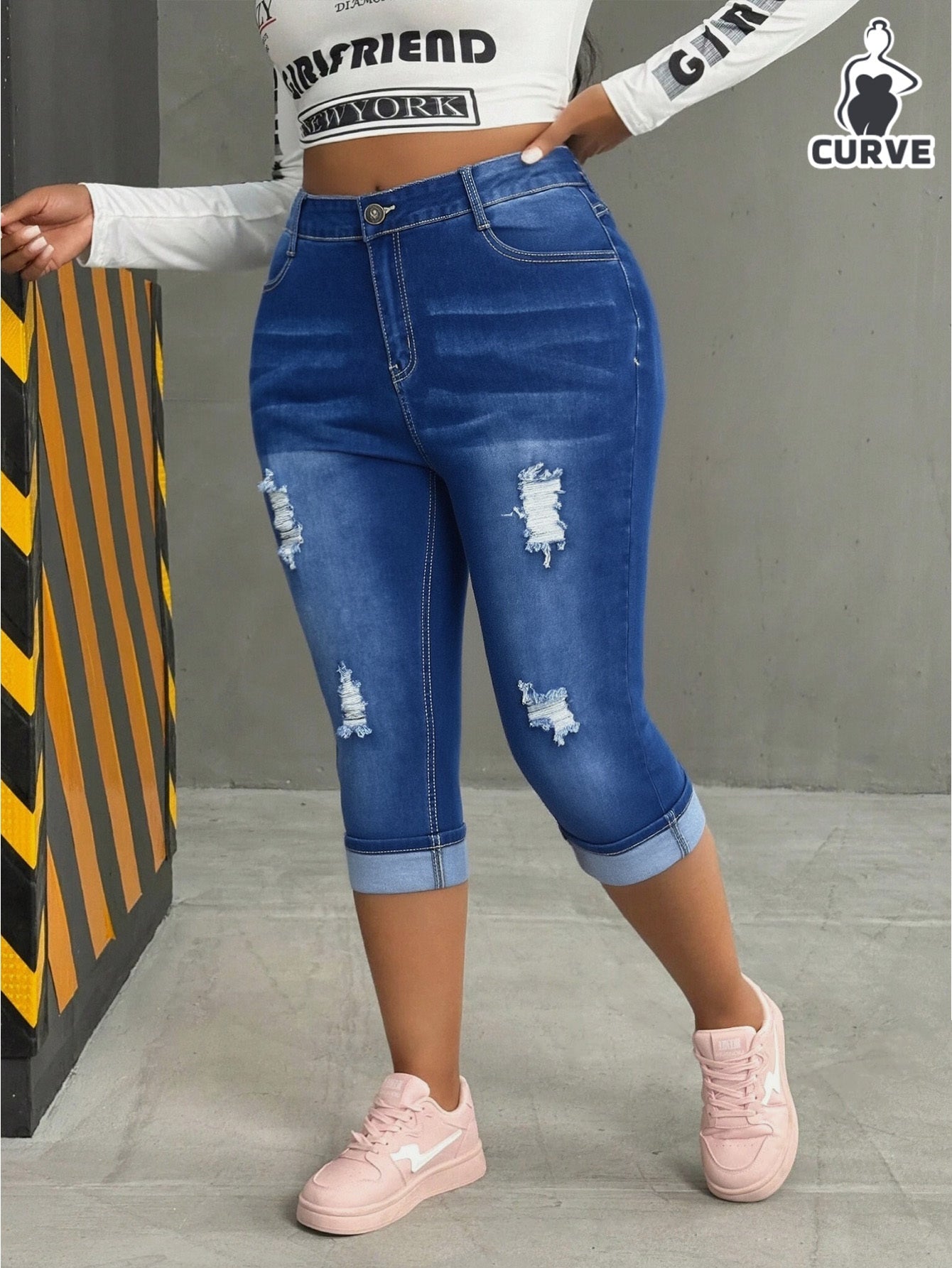 Women's High-Waist Skinny Jeans - Deep Blue Dark Wash Distressed detail view