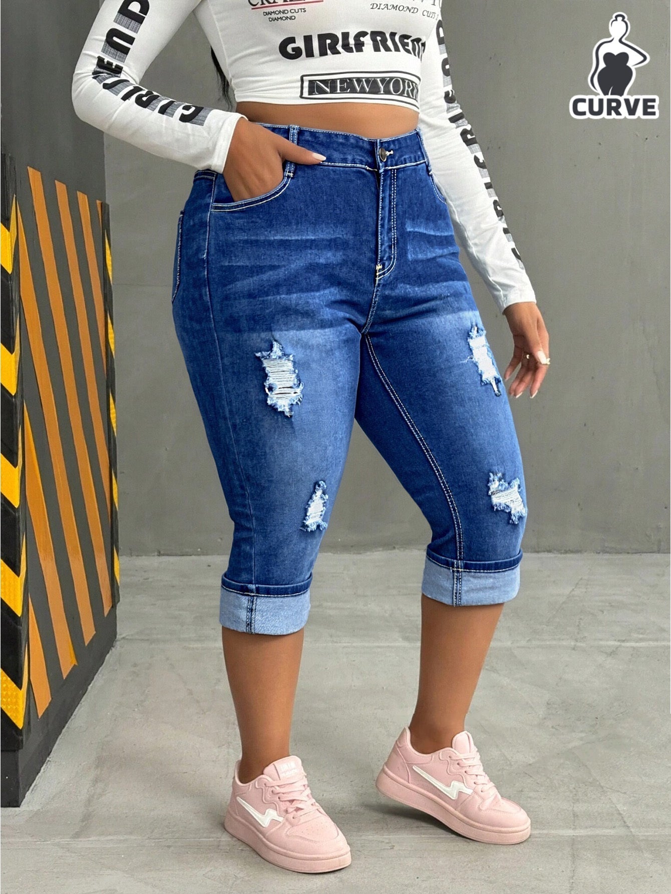 Women's High-Waist Skinny Jeans - Deep Blue Dark Wash Distressed detail view