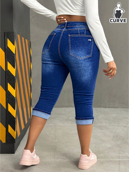 Women's High-Waist Skinny Jeans - Deep Blue Dark Wash Distressed detail view