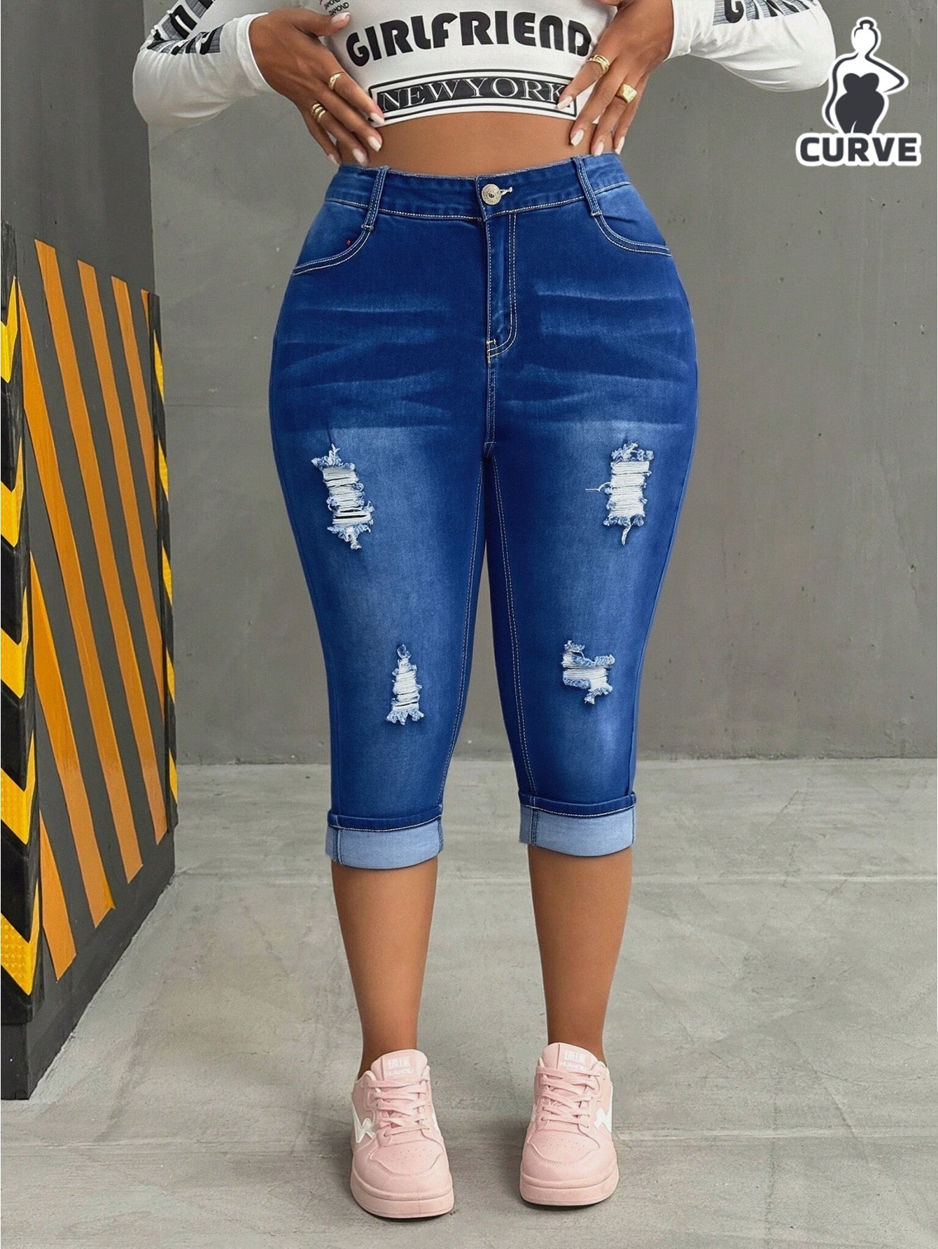 Women's High-Waist Skinny Jeans - Deep Blue Dark Wash Distressed detail view