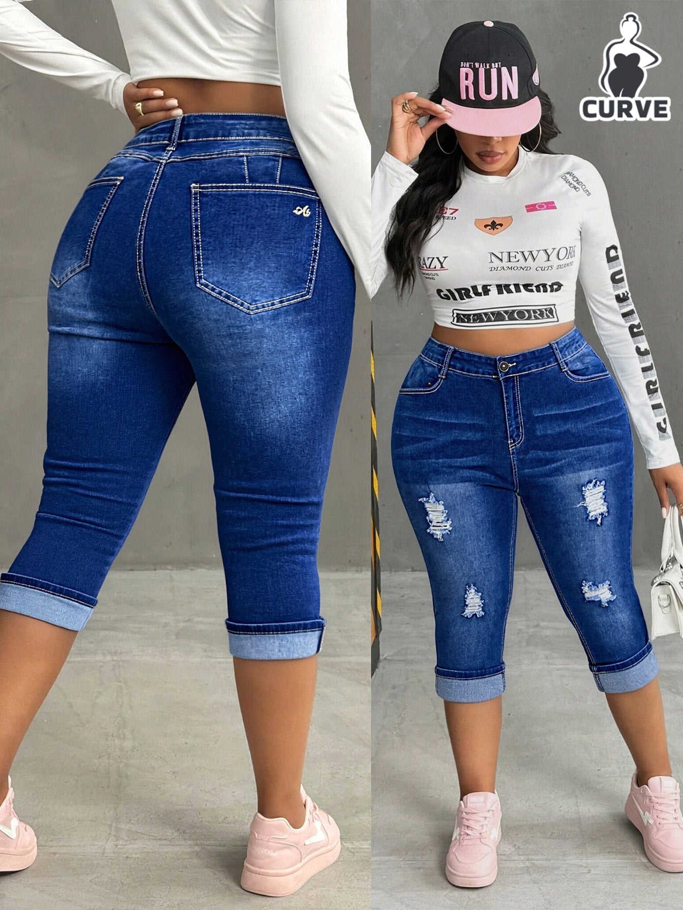 Women's High-Waist Skinny Jeans - Deep Blue Dark Wash Distressed detail view