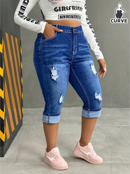 Women's High-Waist Skinny Jeans - Deep Blue Dark Wash Distressed detail view