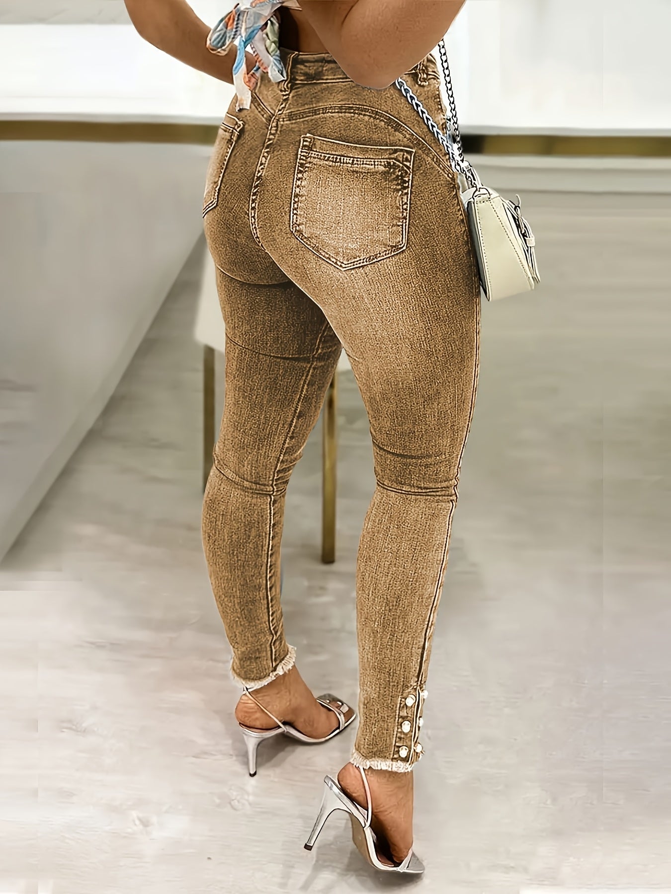 Women's High-Waist Skinny Jeans - Khaki Distressed detail view