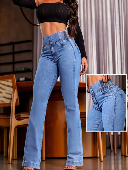 Women's High-Waist Skinny Jeans - Light Blue Button Detail detail view