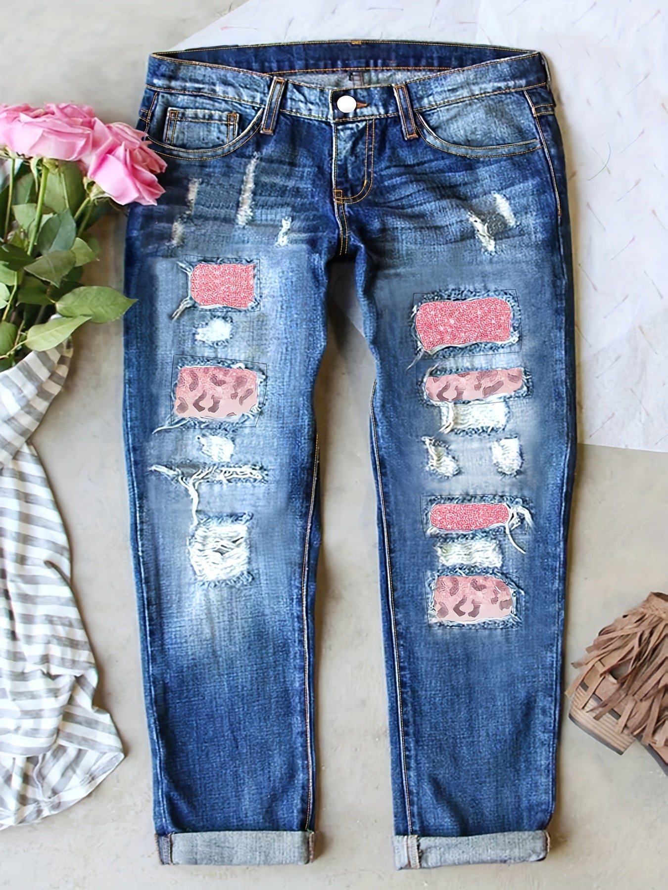 Women's High-Waist Skinny Jeans - Medium Blue Distressed – view 5