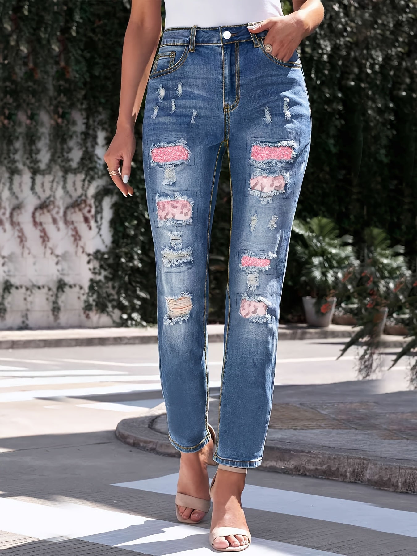 Women's High-Waist Skinny Jeans - Medium Blue Distressed – view 7