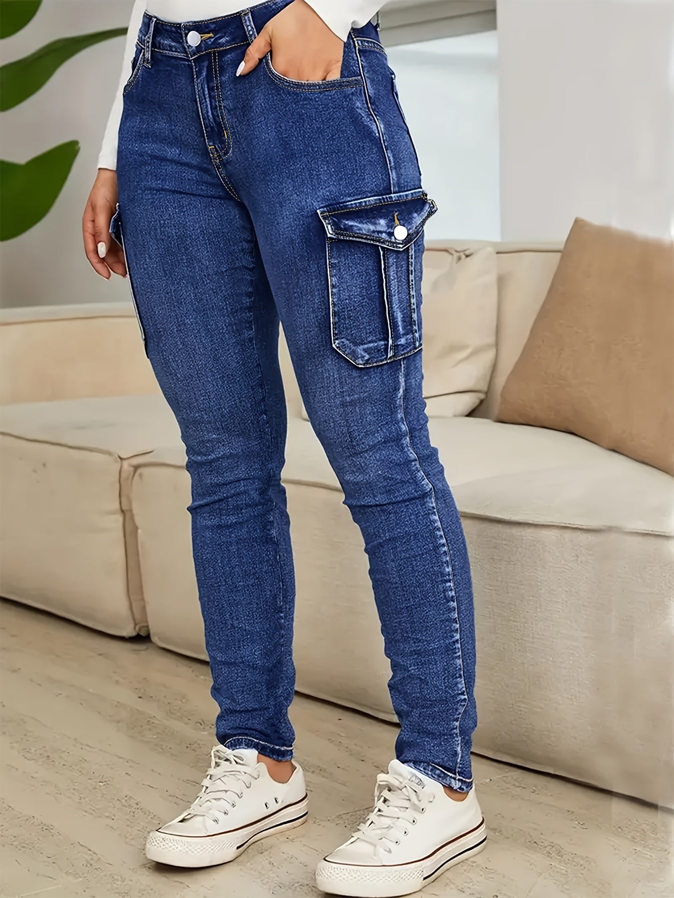 Women's High-Waist Skinny Jeans - Medium Blue Pocket Detail Stretch – view 3