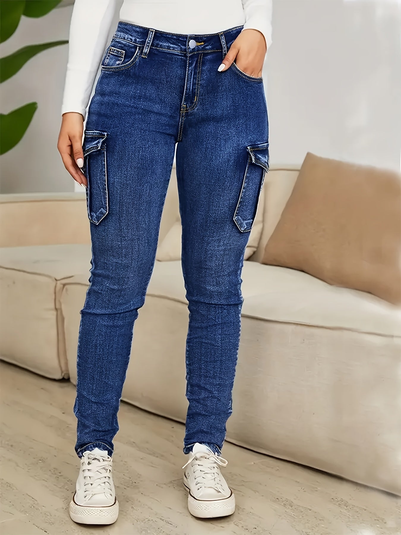 Women's High-Waist Skinny Jeans - Medium Blue Pocket Detail Stretch – view 5