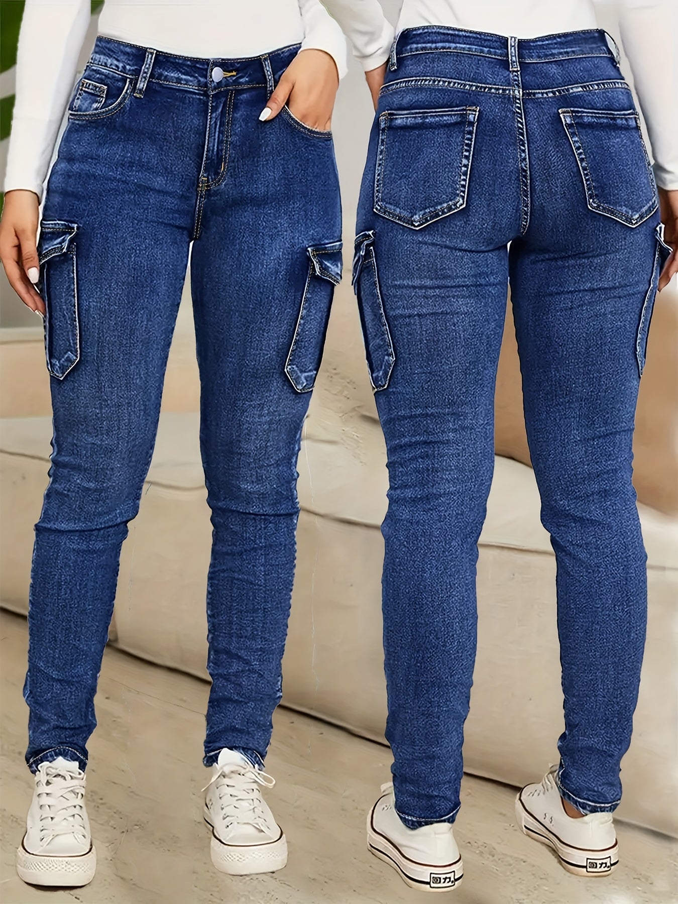 Women's High-Waist Skinny Jeans - Medium Blue Pocket Detail Stretch – view 8
