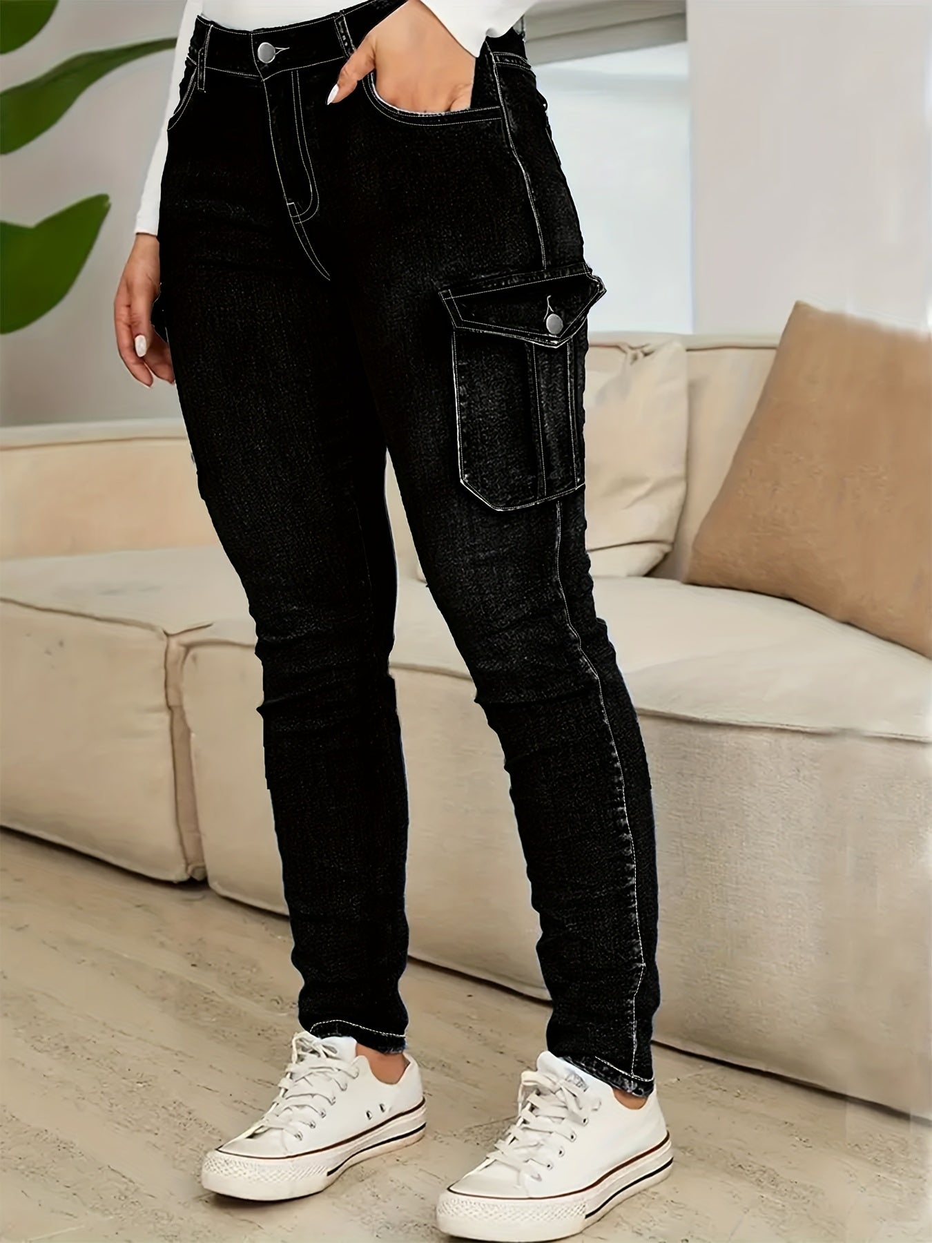 Women's High-Waist Skinny Jeans - Medium Blue Pocket Detail Stretch – view 14