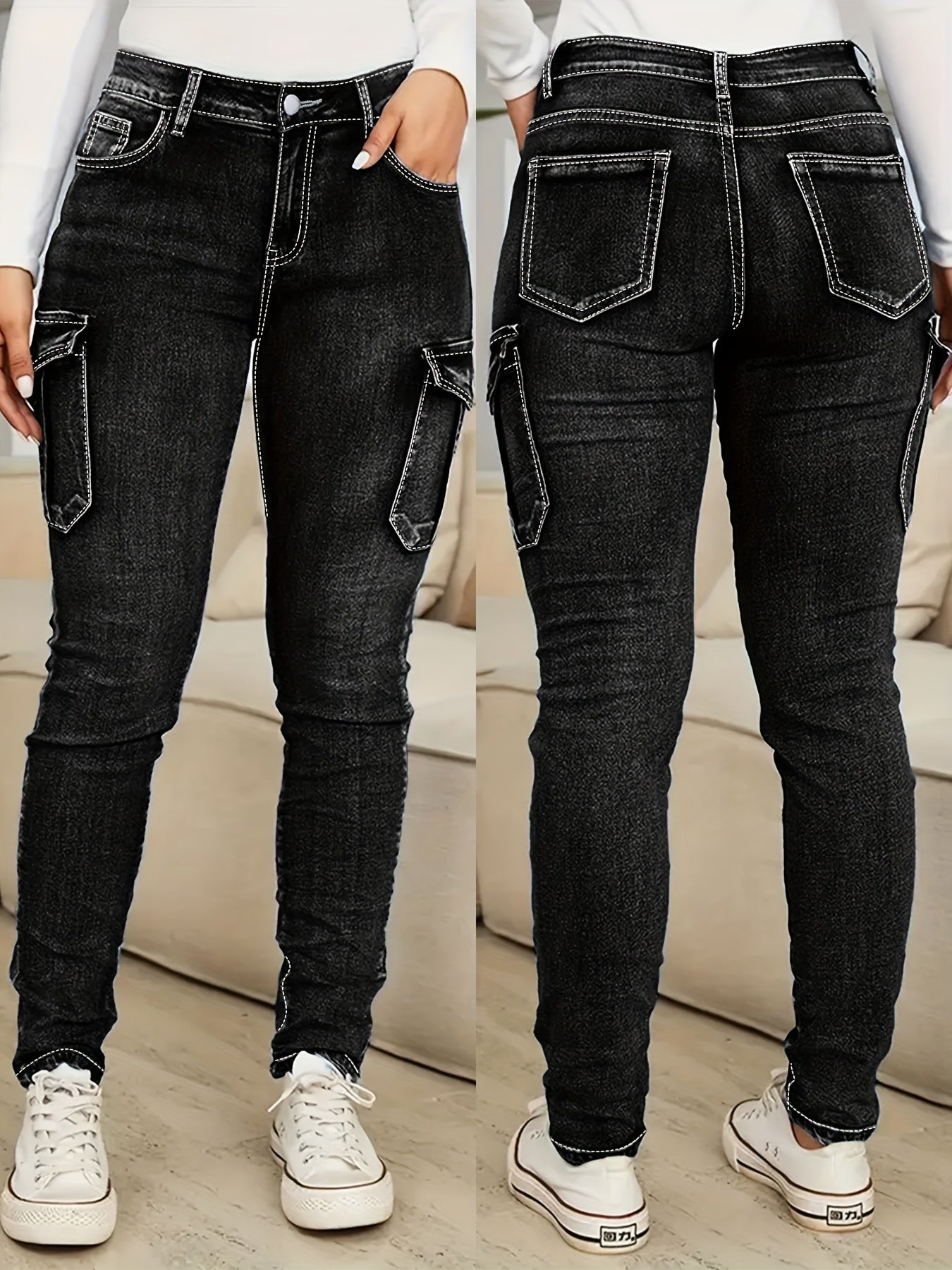 Women's High-Waist Skinny Jeans - Medium Blue Pocket Detail Stretch – Blue option – view 2