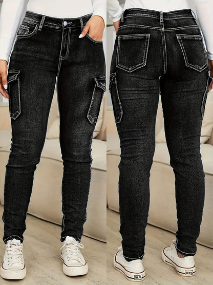 Women's High-Waist Skinny Jeans - Medium Blue Pocket Detail Stretch – Blue option – view 2