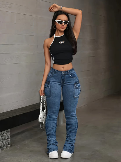 Women's High-Waist Skinny Jeans - Medium Blue Stretch detail view