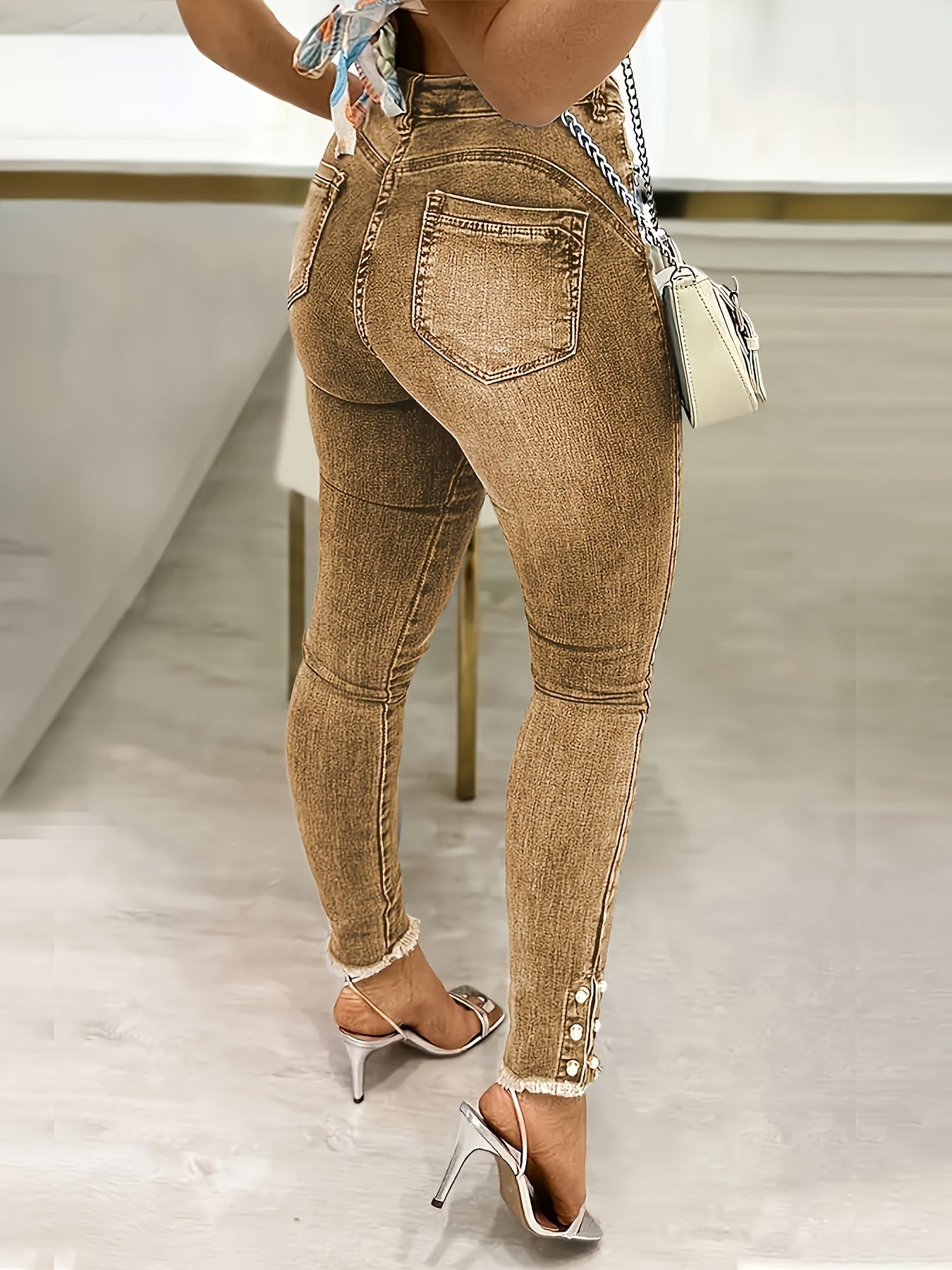 Women's High-Waist Skinny Jeans - Powder Blue Distressed detail view