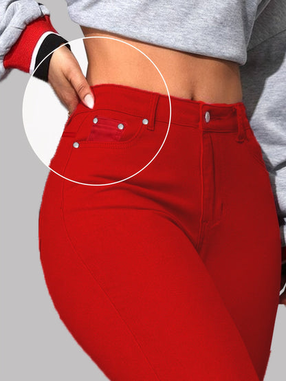 Women's High-Waist Skinny Jeans - Red Stretch detail view