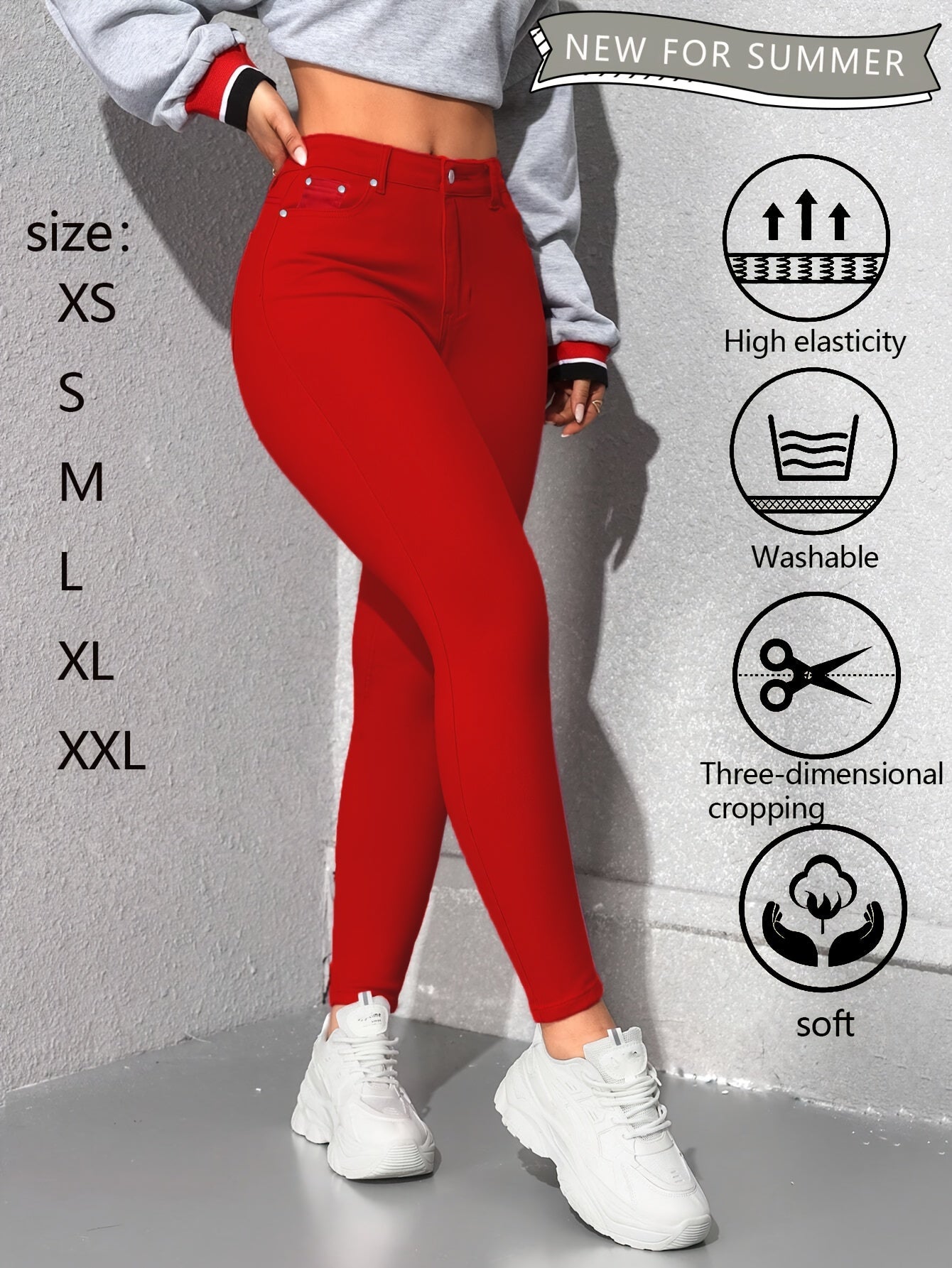 Women's High-Waist Skinny Jeans - Red Stretch detail view