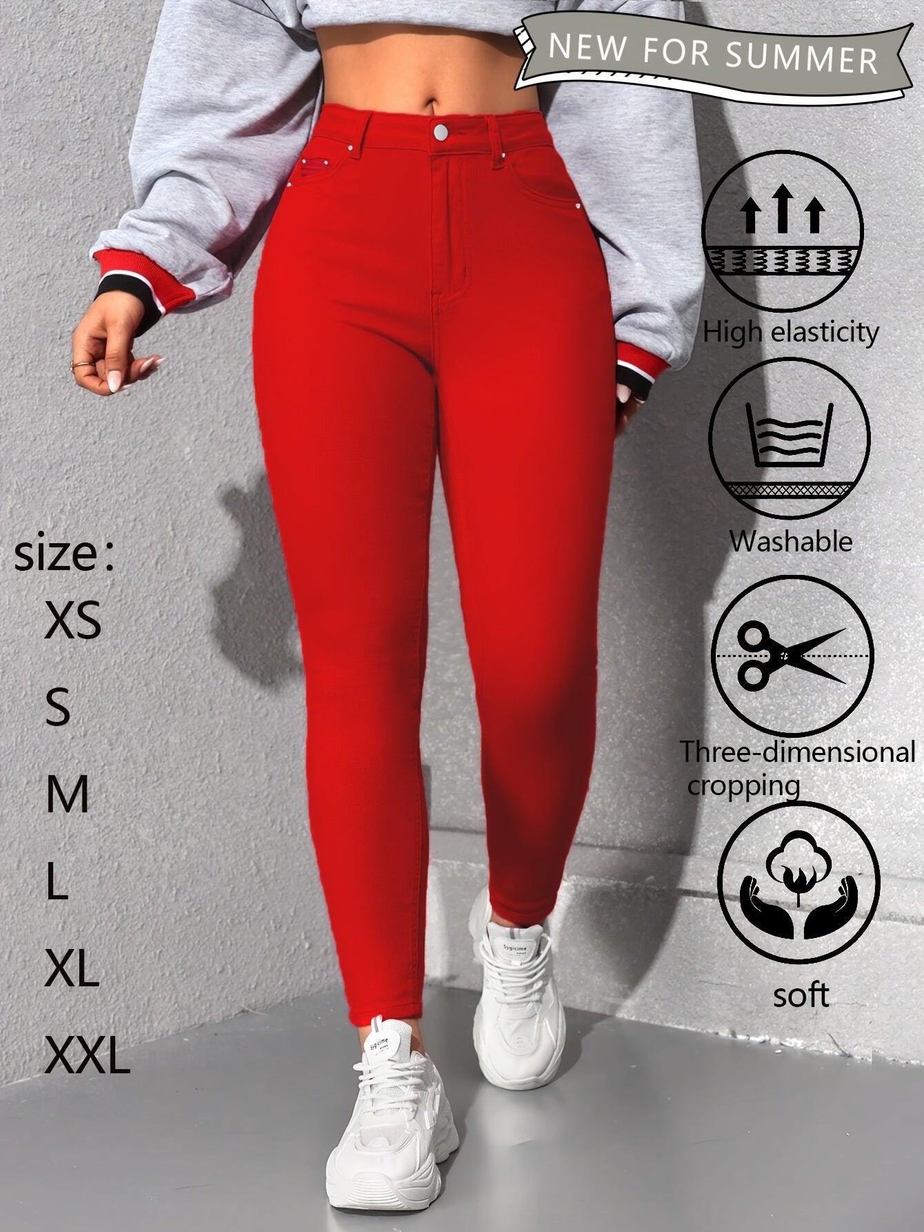 Women's High-Waist Skinny Jeans - Red Stretch detail view
