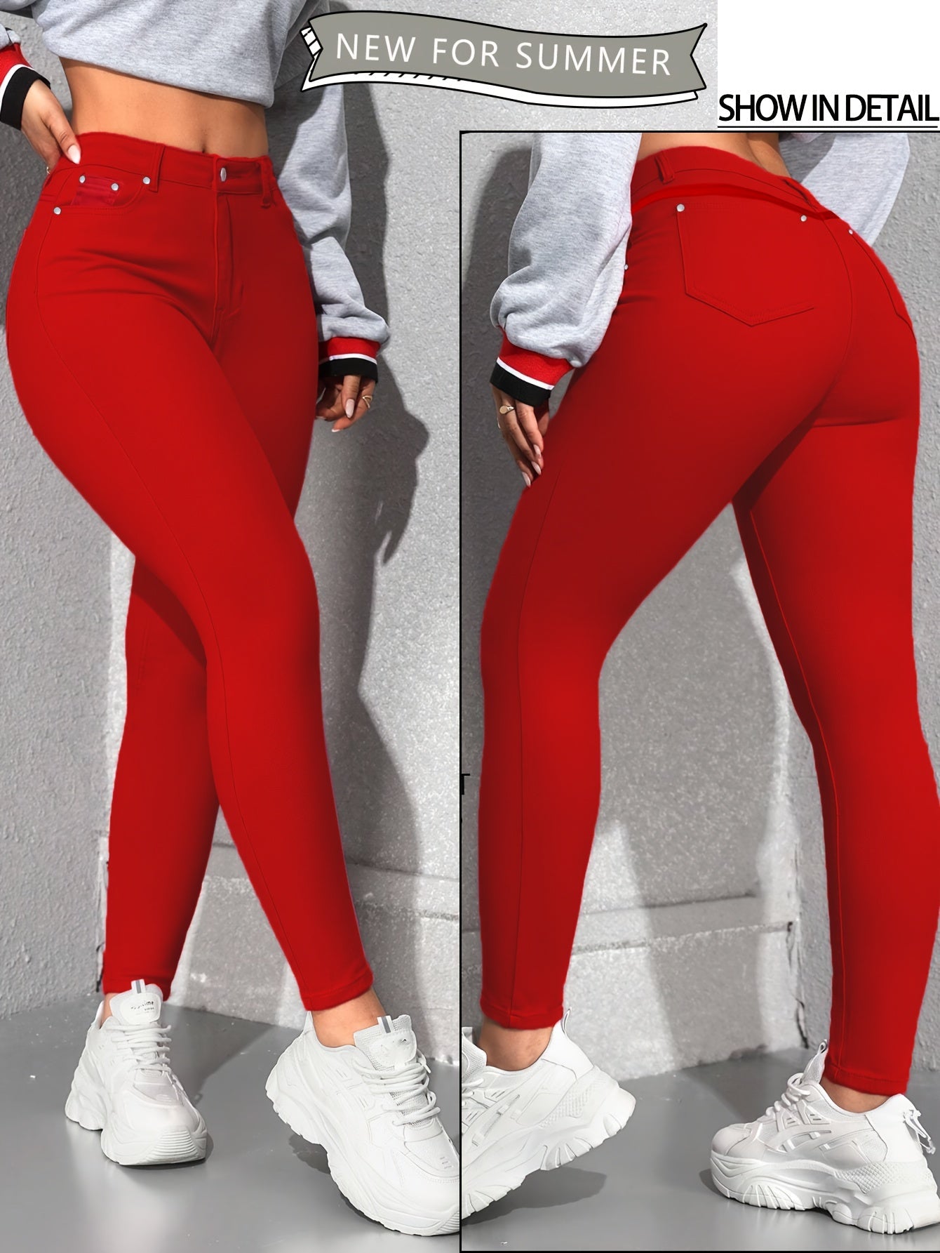 Women's High-Waist Skinny Jeans - Red Stretch detail view