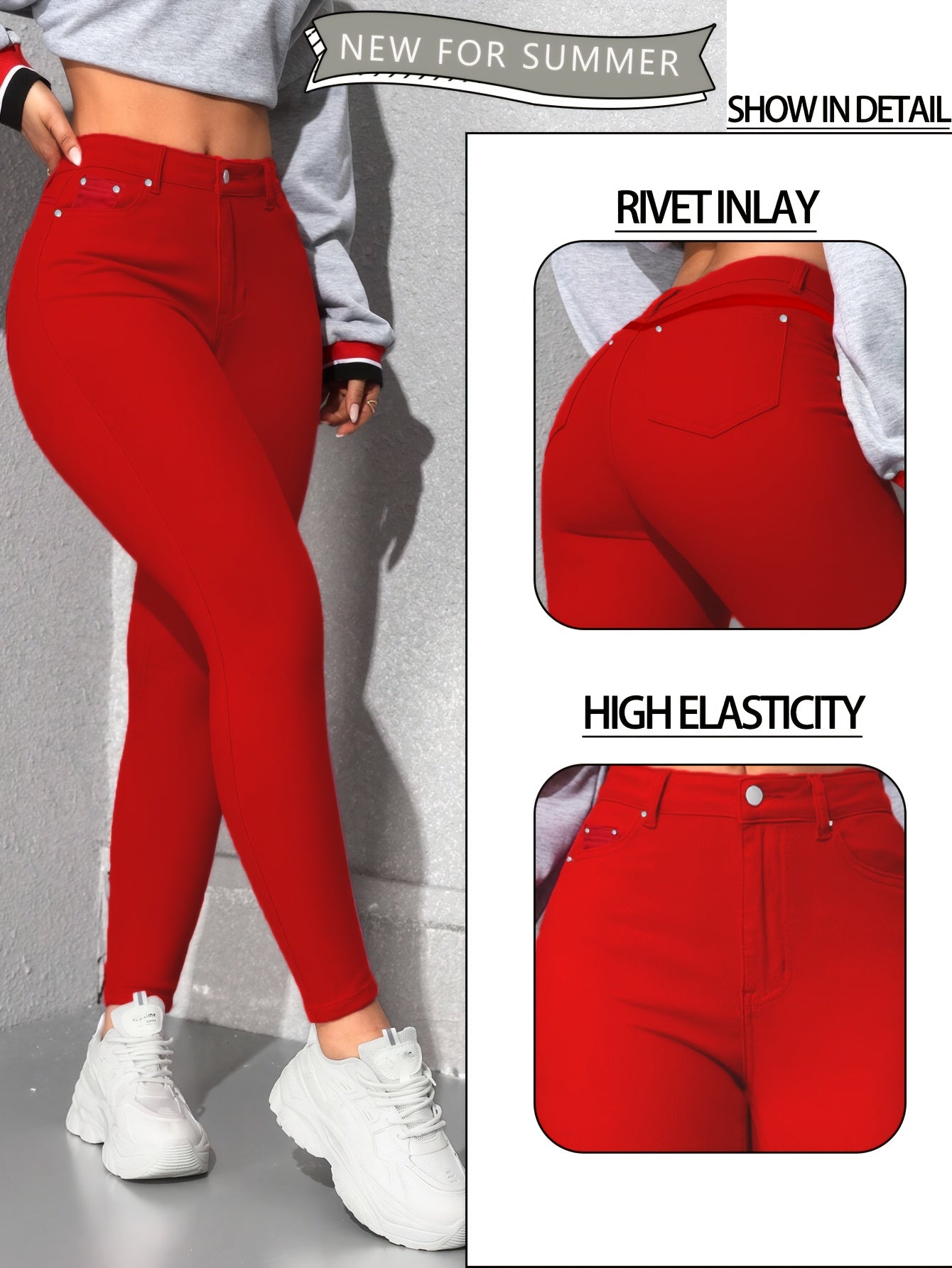 Women's High-Waist Skinny Jeans - Red Stretch detail view