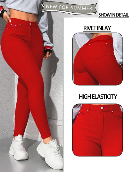 Women's High-Waist Skinny Jeans - Red Stretch detail view