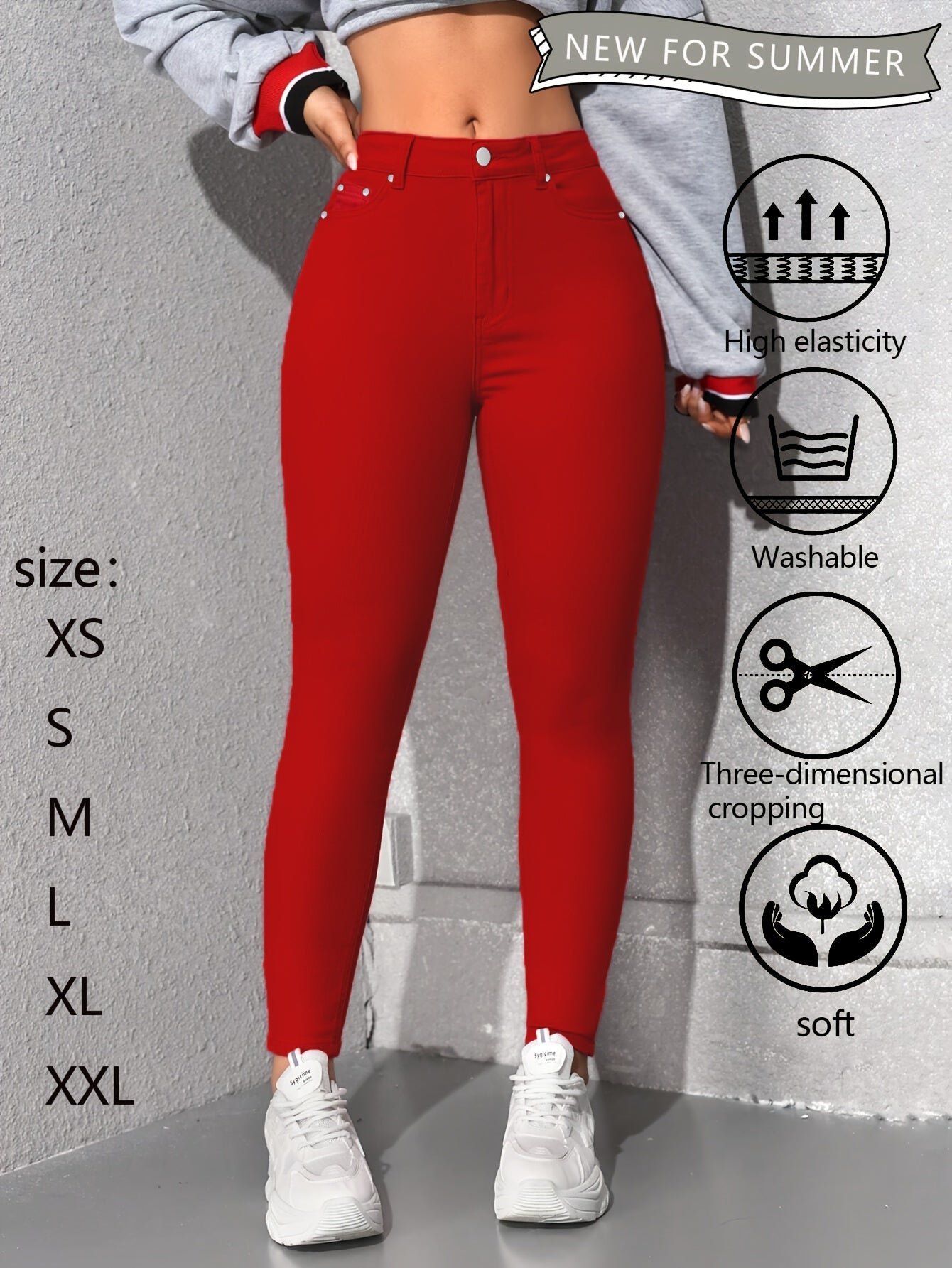 Women's High-Waist Skinny Jeans - Red Stretch detail view