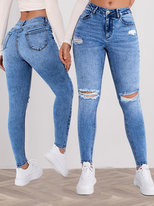 Women's High-Waist Skinny Jeans - Sky Blue Distressed Stretch – Blue option – main product image