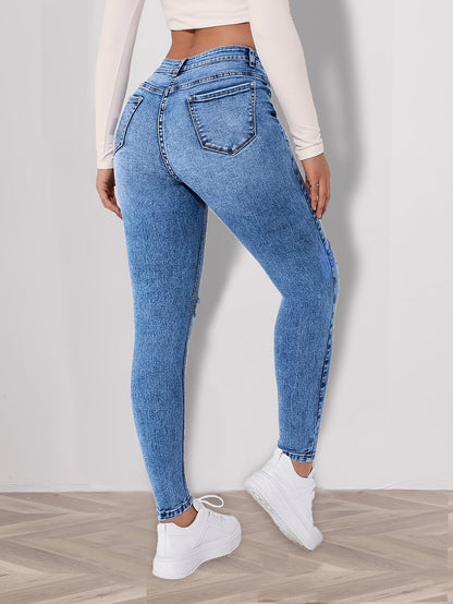 Women's High-Waist Skinny Jeans - Sky Blue Distressed Stretch detail view