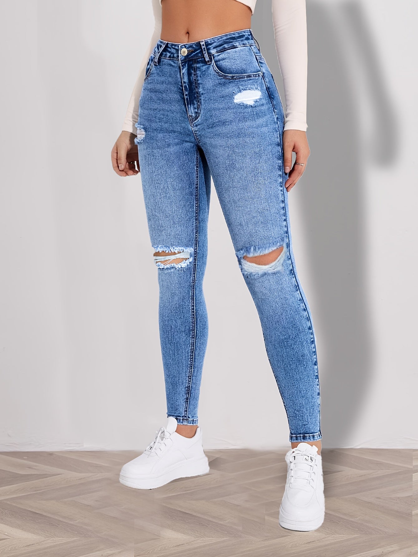 Women's High-Waist Skinny Jeans - Sky Blue Distressed Stretch detail view