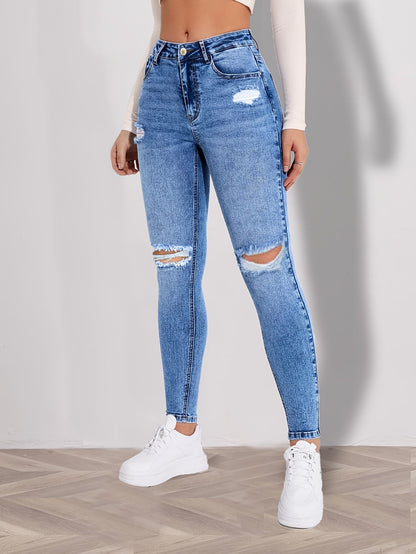 Women's High-Waist Skinny Jeans - Sky Blue Distressed Stretch detail view