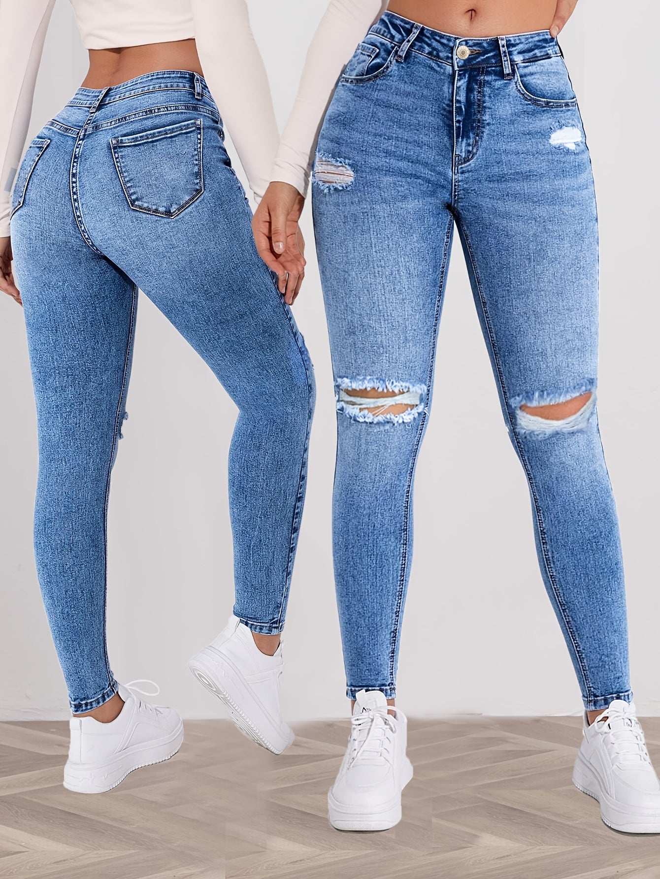 Women's High-Waist Skinny Jeans - Sky Blue Distressed Stretch detail view