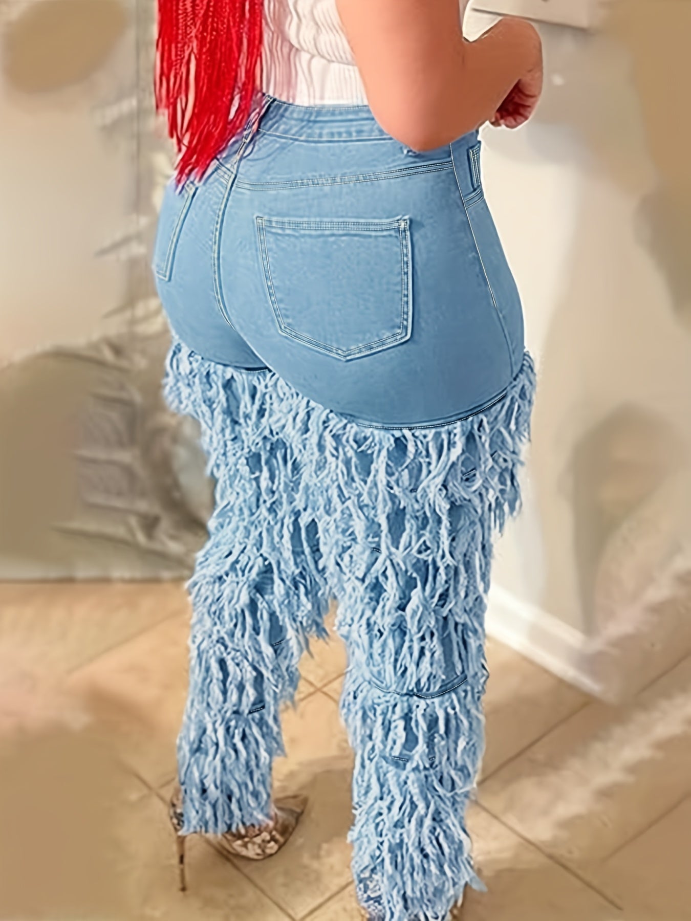 Women's High-Waist Skinny Jeans - Sky Blue Raw Hem Stretch detail view