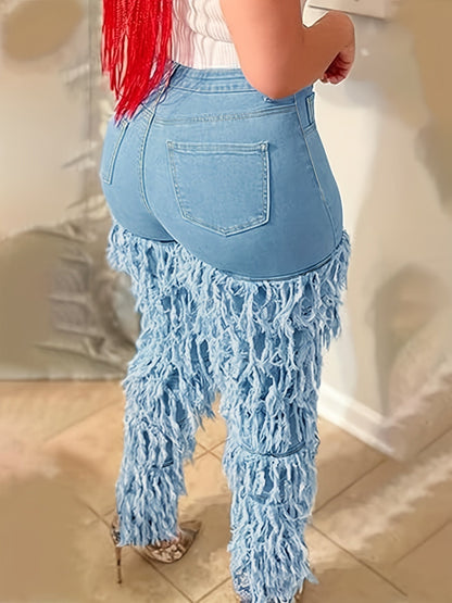 Women's High-Waist Skinny Jeans - Sky Blue Raw Hem Stretch detail view
