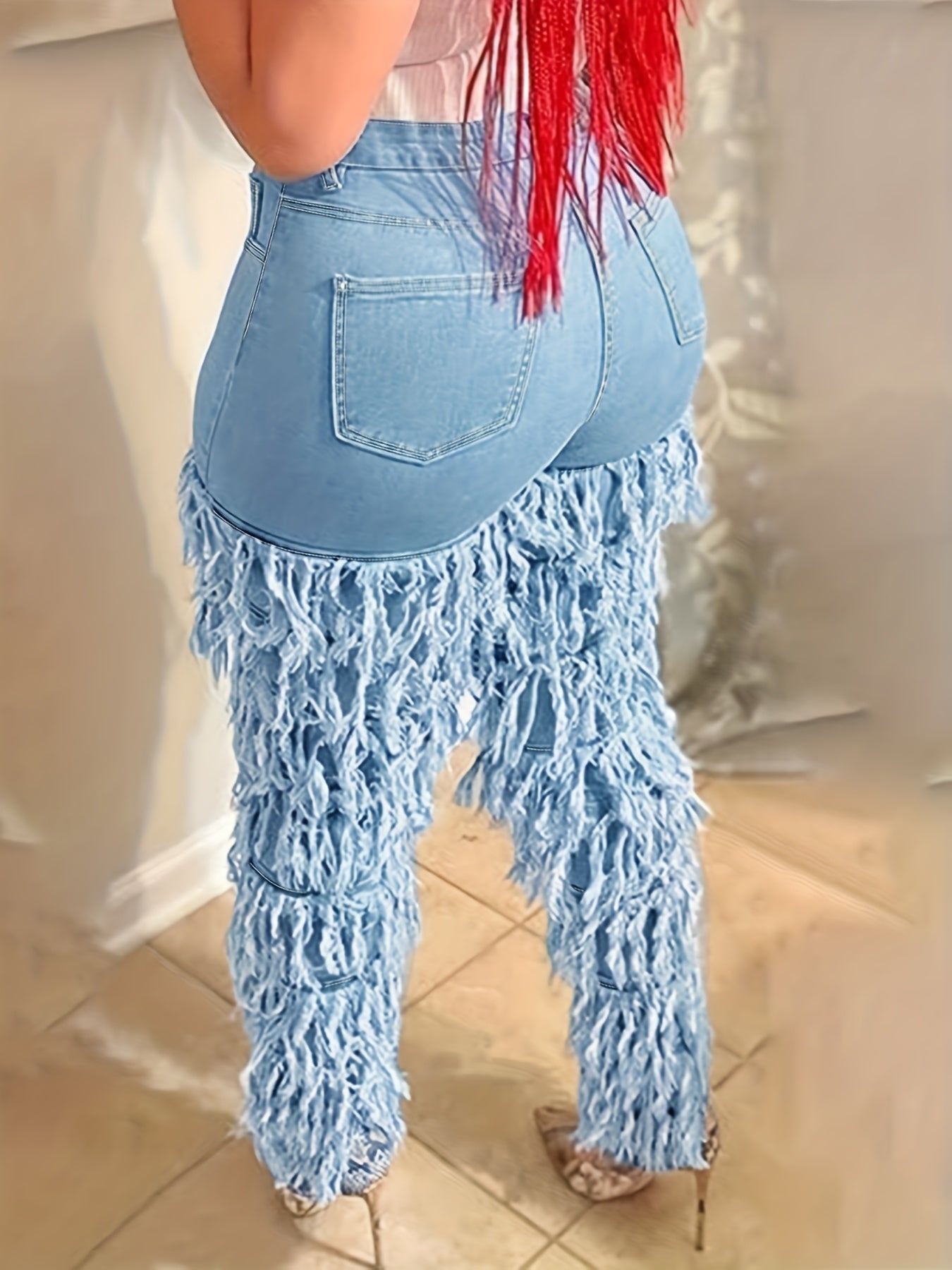 Women's High-Waist Skinny Jeans - Sky Blue Raw Hem Stretch detail view