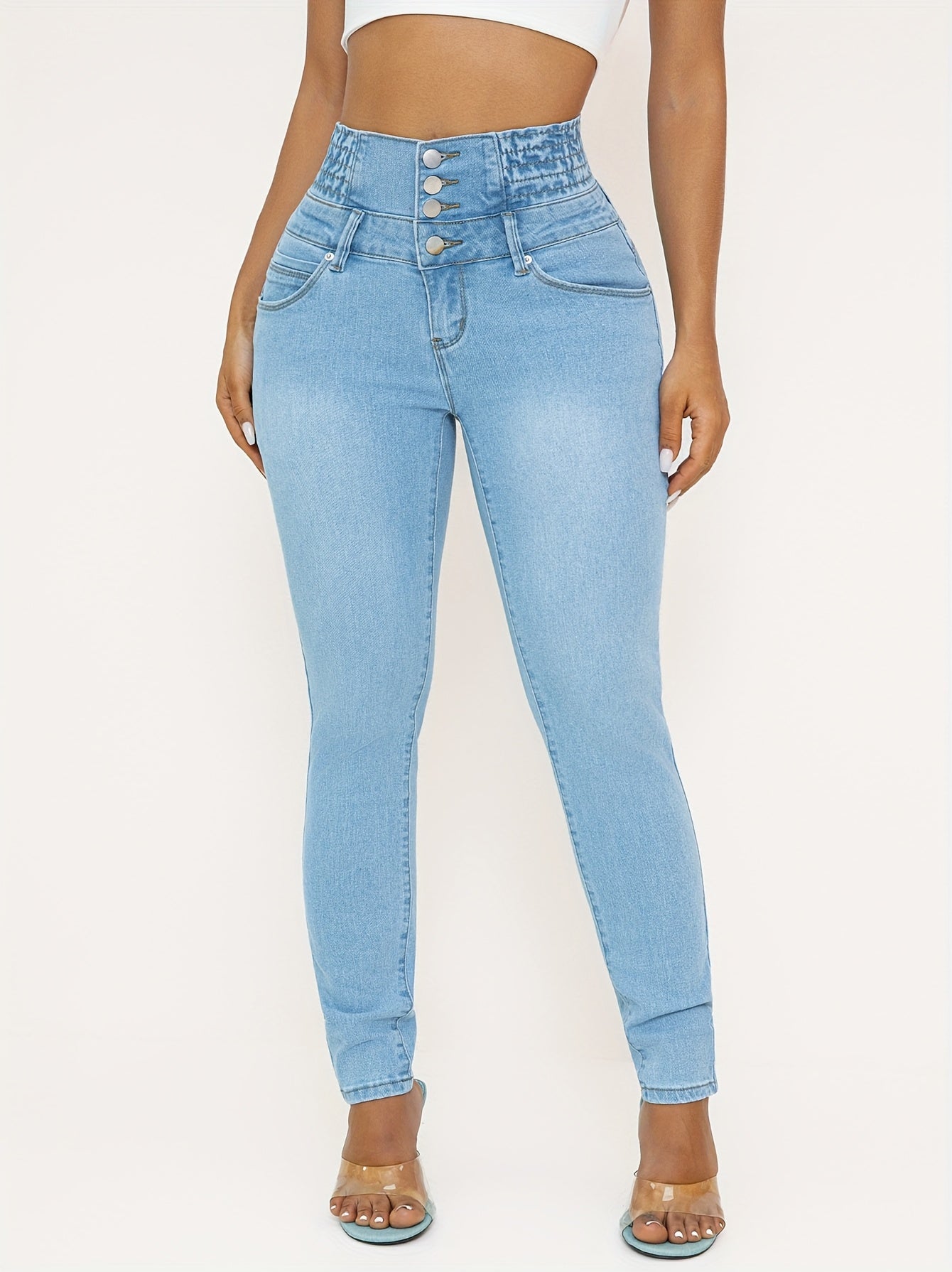 Women's High-Waist Skinny Jeans - Sky Blue Stretch detail view