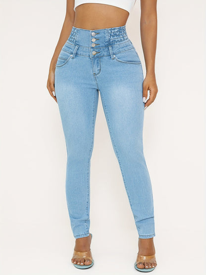 Women's High-Waist Skinny Jeans - Sky Blue Stretch detail view