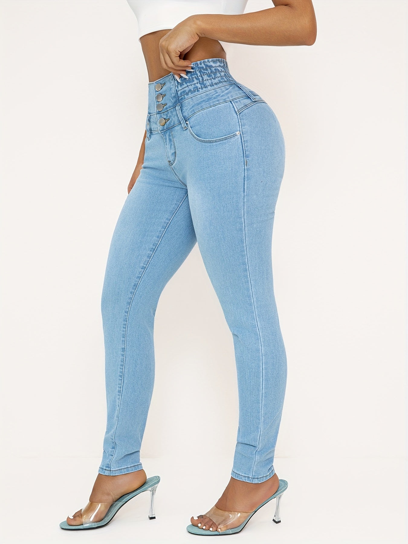Women's High-Waist Skinny Jeans - Sky Blue Stretch detail view