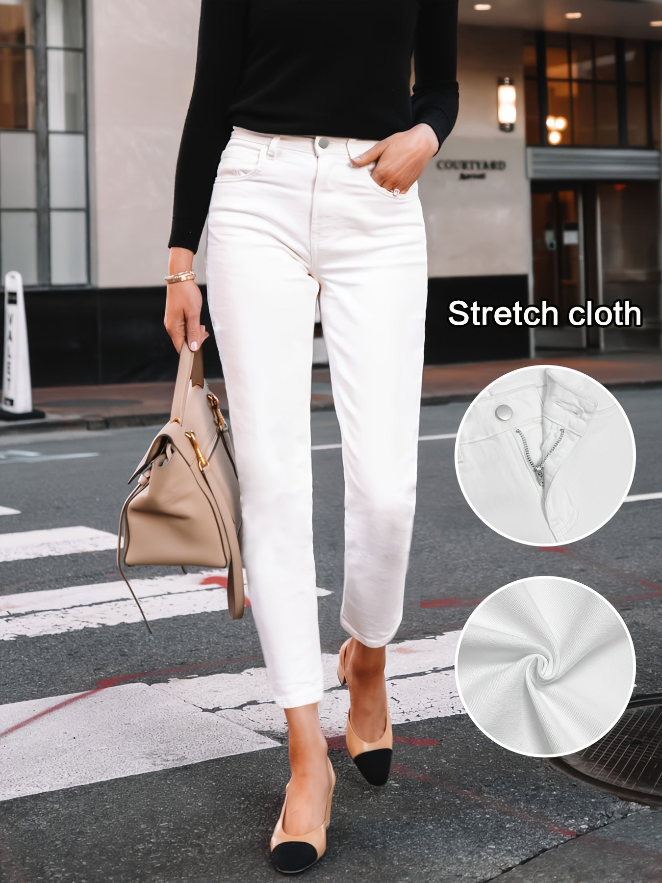 Women's High-Waist Skinny Jeans - White Button Detail Stretch detail view