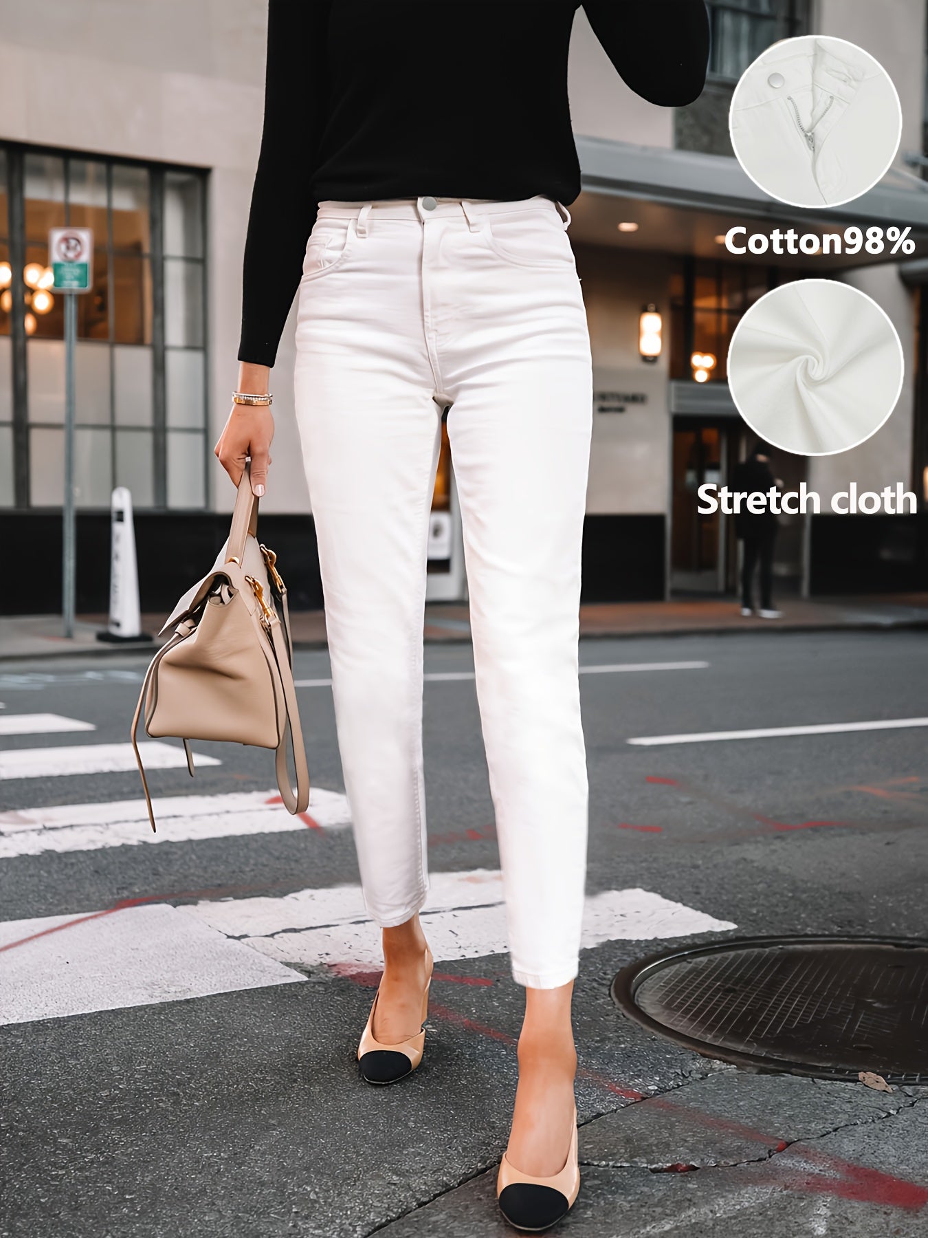 Women's High-Waist Skinny Jeans - White Button Detail Stretch detail view