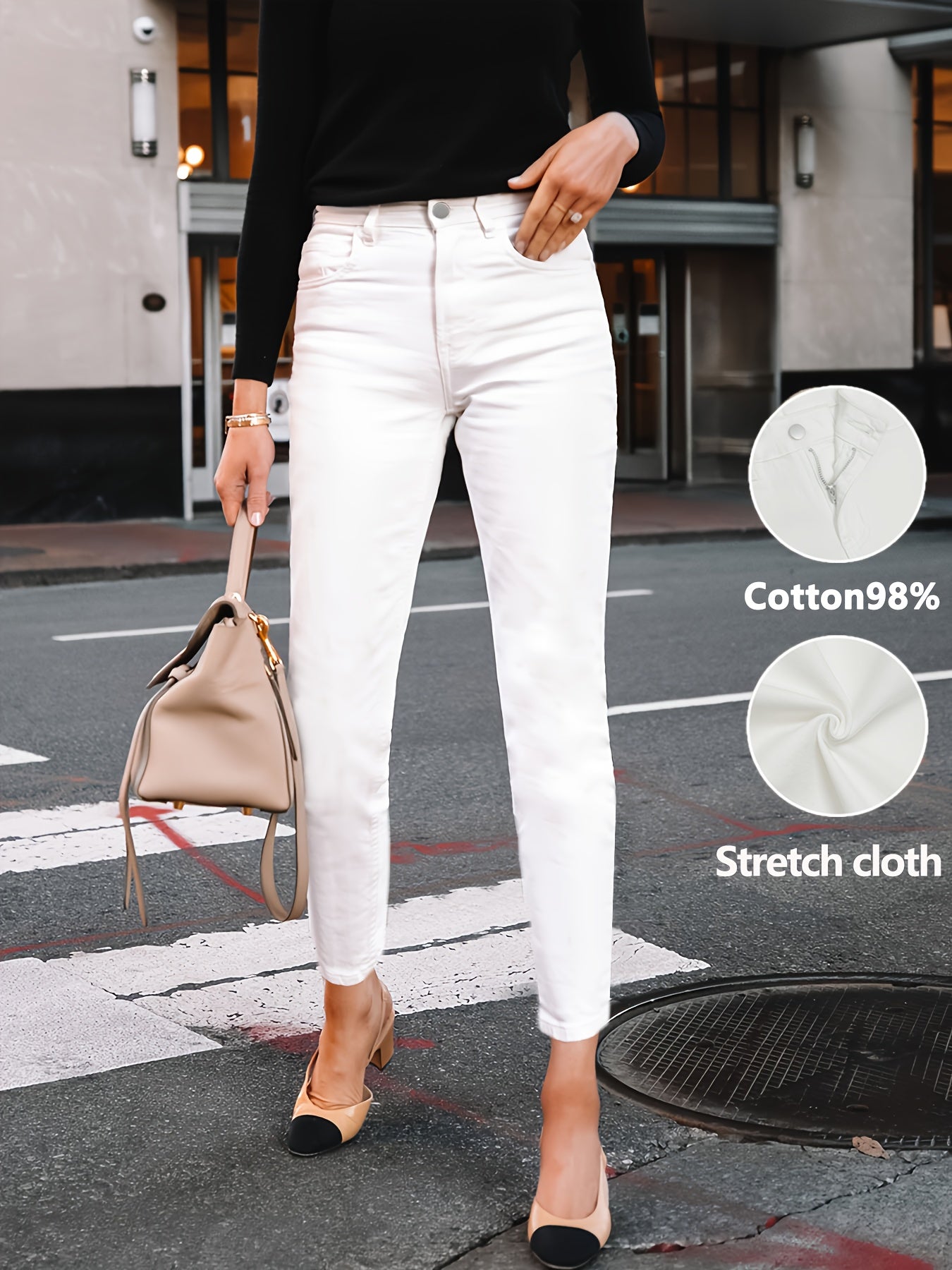 Women's High-Waist Skinny Jeans - White Button Detail Stretch detail view
