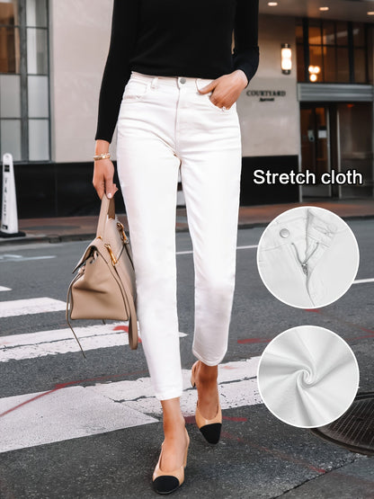 Women's High-Waist Skinny Jeans - White Button Detail Stretch detail view