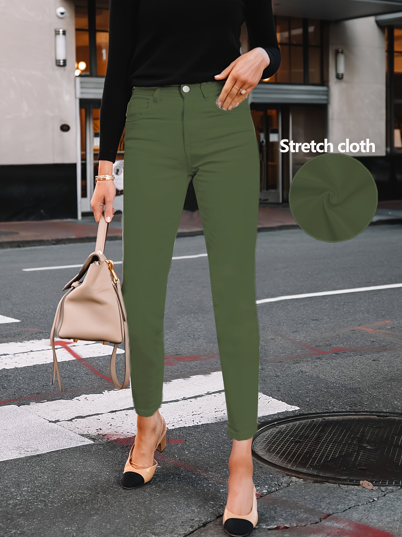 Women's High-Waist Skinny Jeans - White Button Detail Stretch detail view